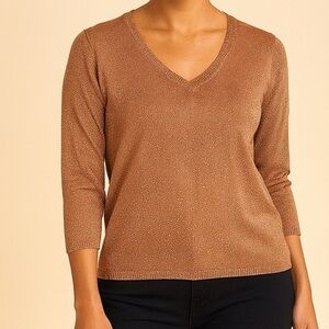Sag Harbor Shimmering Tan Knit Top Petite Medium Beautiful copper balletcore